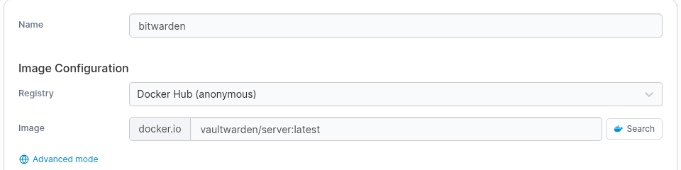 Portainer: creazione del container bitwarden con immagine vaultwarden/server:latest