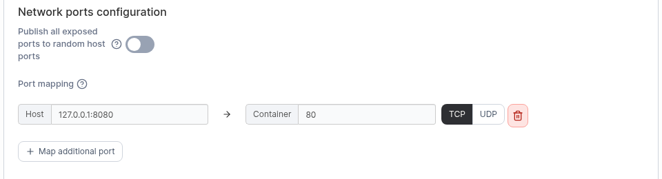 Portainer: configurazione della porta 127.0.0.1:8080 verso la porta 80 del container